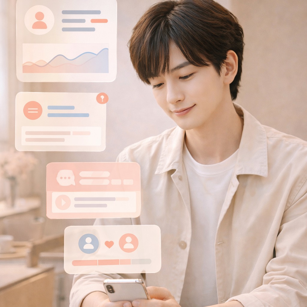 대화 분석과 답장 후보를 보여주는 따뜻한 톤의 앱 화면